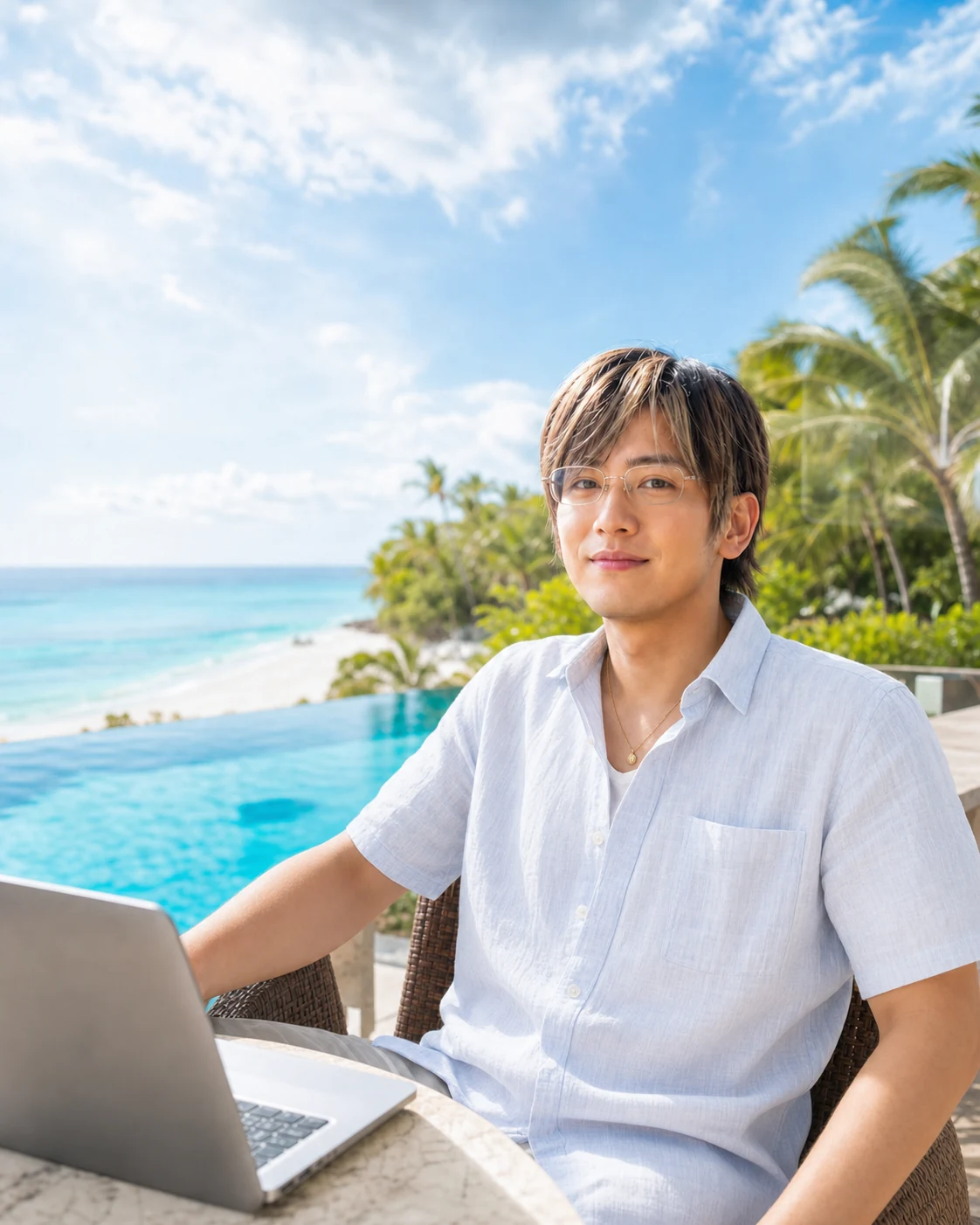 海とプールを望む場所でパソコンを開く講師SUYA